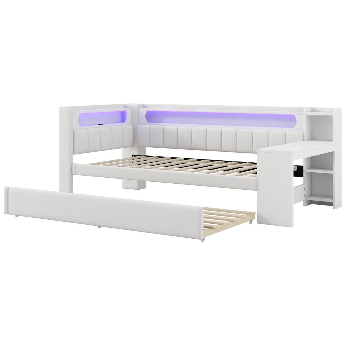 POLSTERBETT Kinder 90/200 cm aus MDF, Sperrholz und Leinen mit USB, LED-Beleuchtung, Ausziehbett und Schreibtisch Weiß - Weiß, Holzwerkstoff (90/200cm) - Modenvie