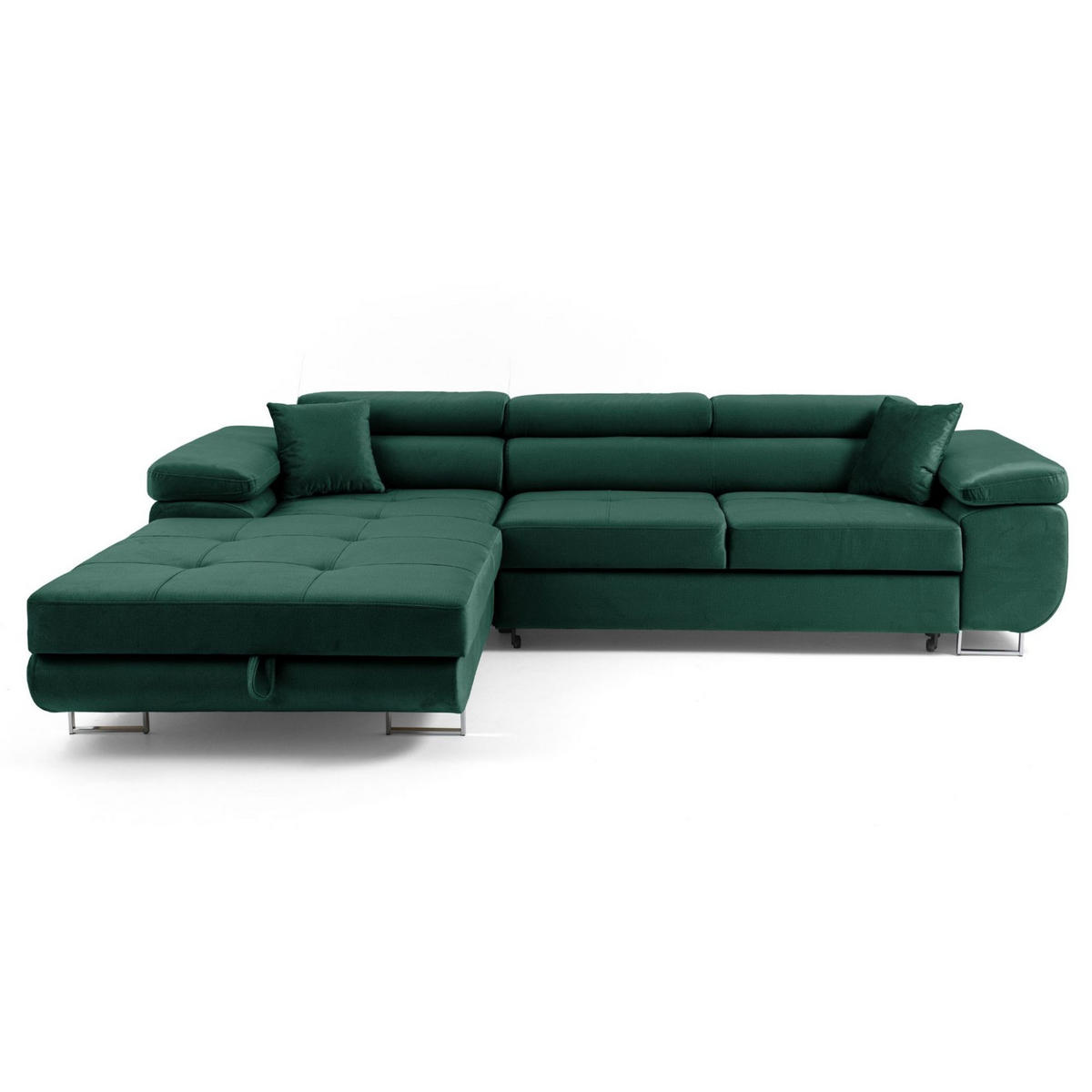 ECKSOFA ALONZO L Links mit Schlaffunktion 125x195 Velours Grün - Silberfarben/Grün, Holz/Textil (275/203cm) - Muffo