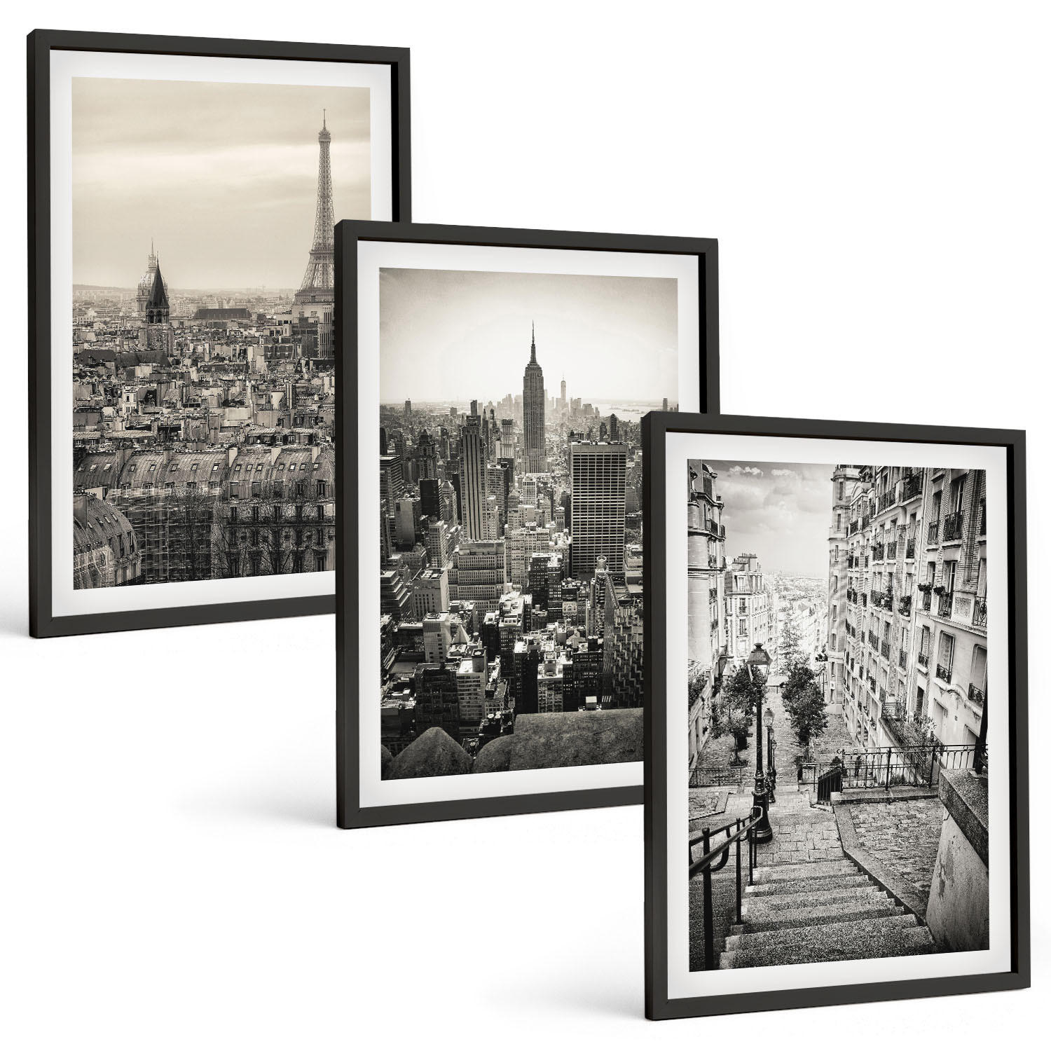 BILDER SET 3er Set - 40x60 cm Schwarzer Rahmen - Aussicht Paris New York Treppen - Schwarz, Kunststoff (40/60cm) - TULUP