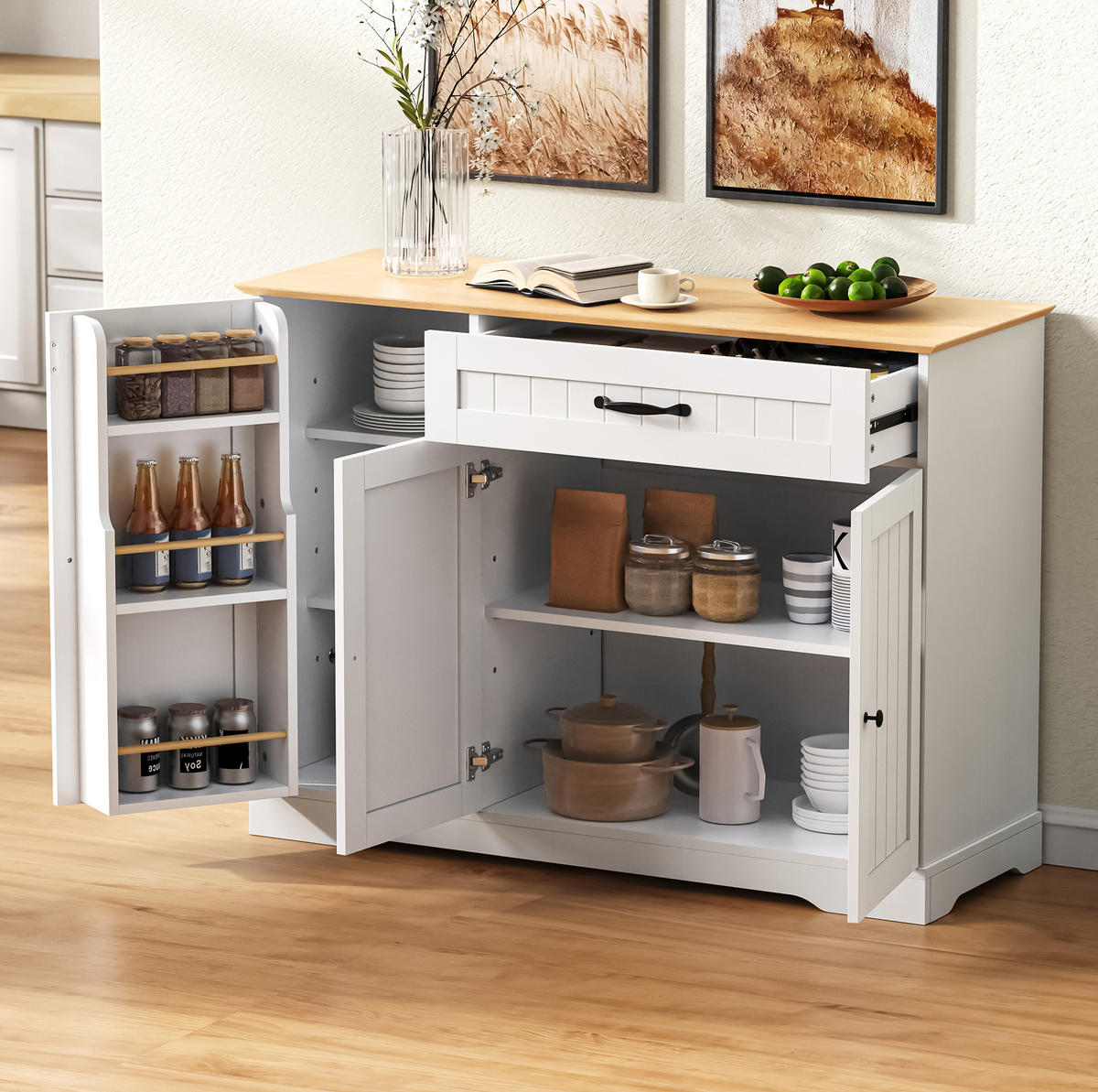 SIDEBOARD mit 3 Türen und Schublade MDF Weiß/Natur - Beige, Holzwerkstoff (107/83.4/40cm) - Meubliv