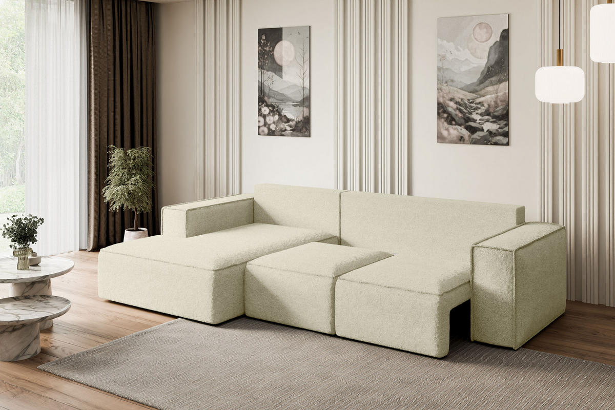 ECKSOFA mit Schlaffunktion und Bettkasten SERRA-L-S - 266x161x87 cm Beige Bouclé - Beige/Schwarz, Holzwerkstoff/Kunststoff (266/161cm) - ALTDECOR