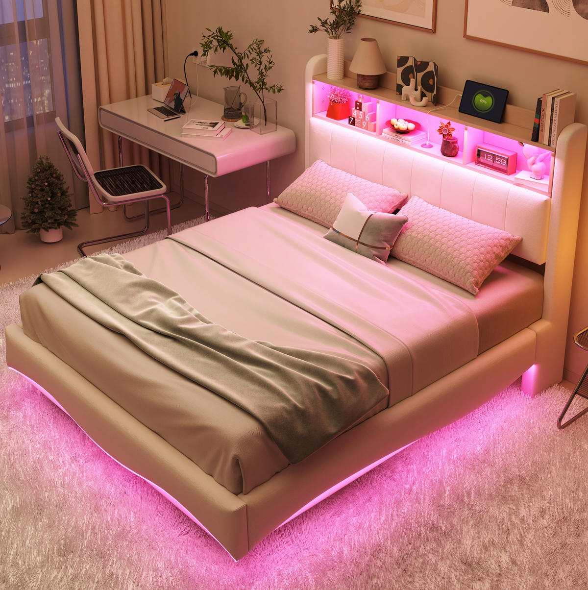 POLSTERBETT 140/200 cm Beige aus Stoff mit LED, USB und Typ-C - Beige, Textil (140/200cm) - OKWISH
