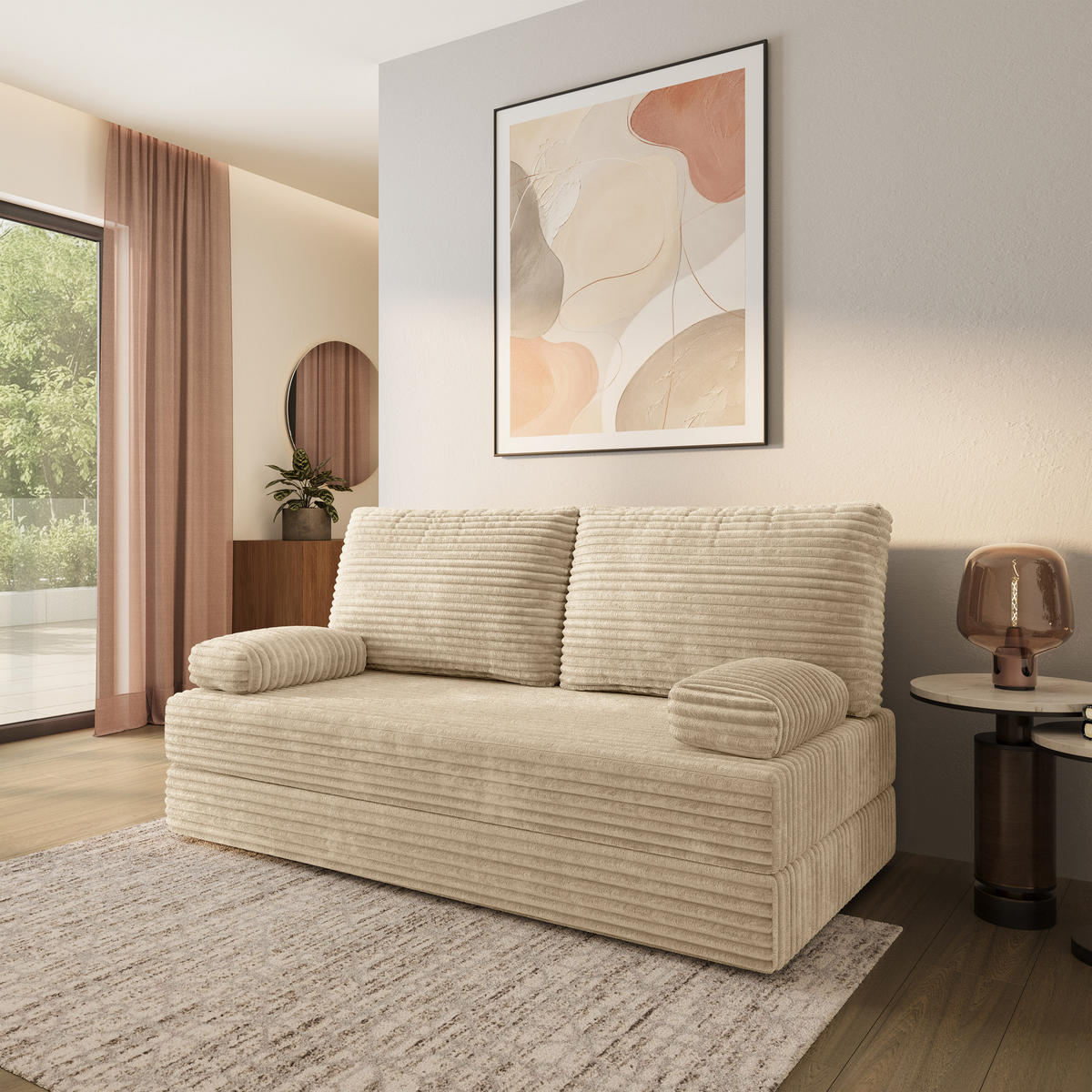 POHOVKA z pěny SILAR s funkcí spaní Manšestrová látka Krémová - krémová, textil (170/86/80cm) - MASSENO