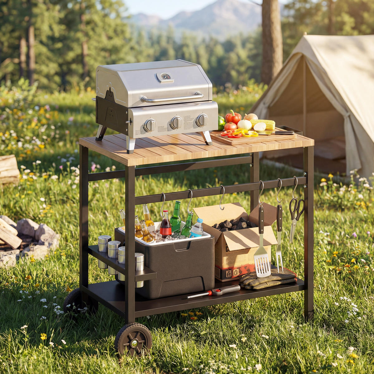 GRILLWAGEN Metall PU Schwarz - Schwarz, Metall (51/83/97cm) - Outsunny