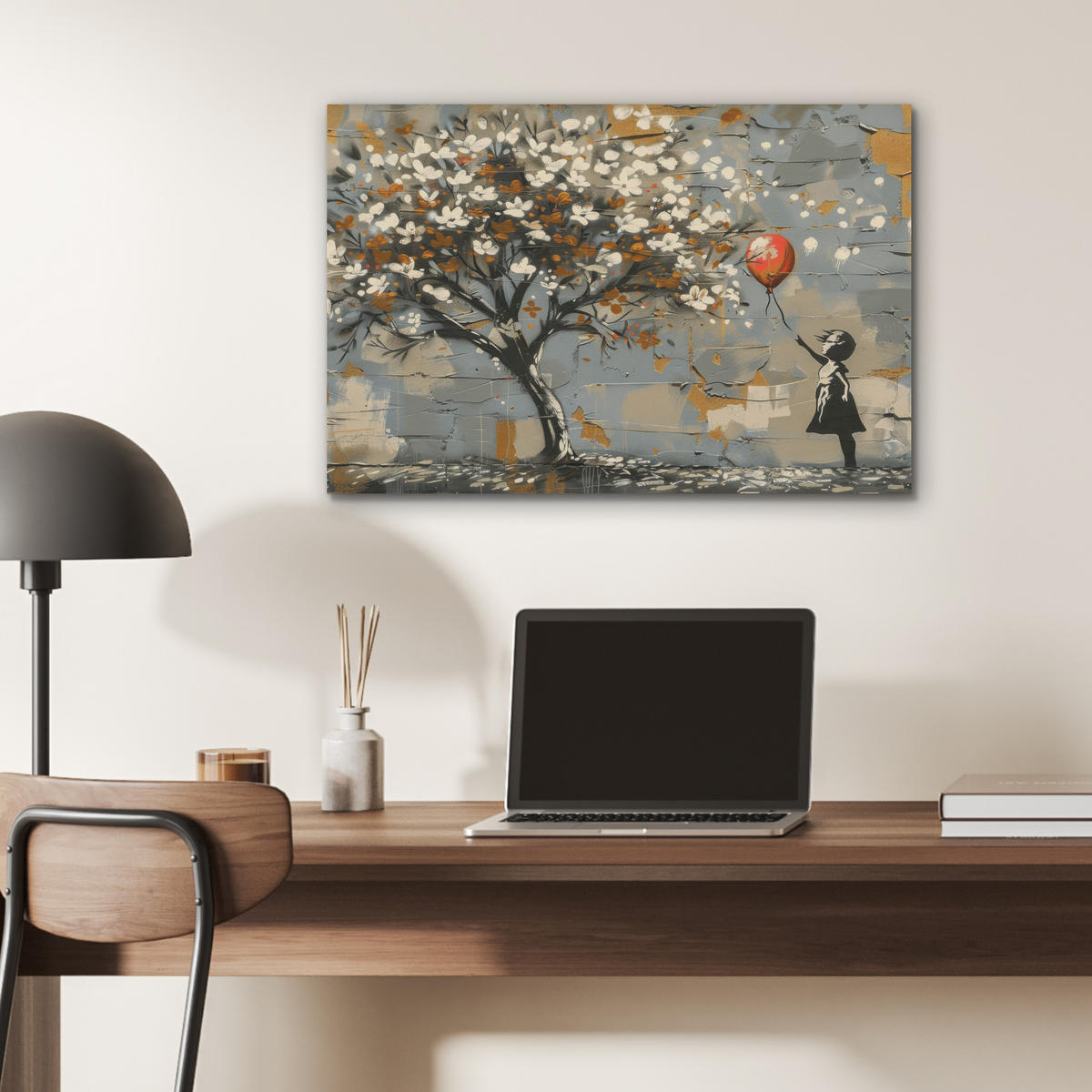 AKUSTIKBILD Baum - Graffiti - Banksy-Stil - Ballon-Mädchen Wanddeko 70x50 cm - Blaugrau, Kunststoff (70/50/0.9cm) - MuchoWow