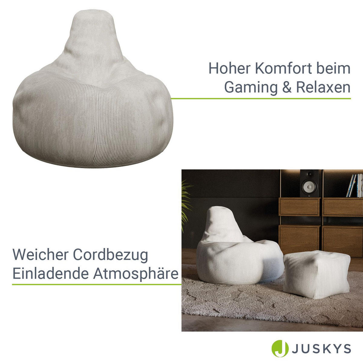 SITZSACK Chillex mit Hocker L Cord beige - Beige, Textil (75/84/79cm) - Juskys