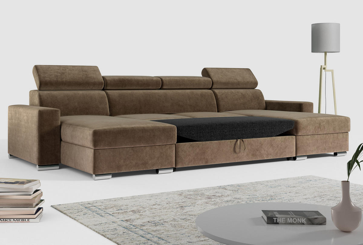WOHNLANDSCHAFT FOX U Braun - Velvet - Silberfarben/Braun, Kunststoff/Textil (306/98/168cm) - MKS