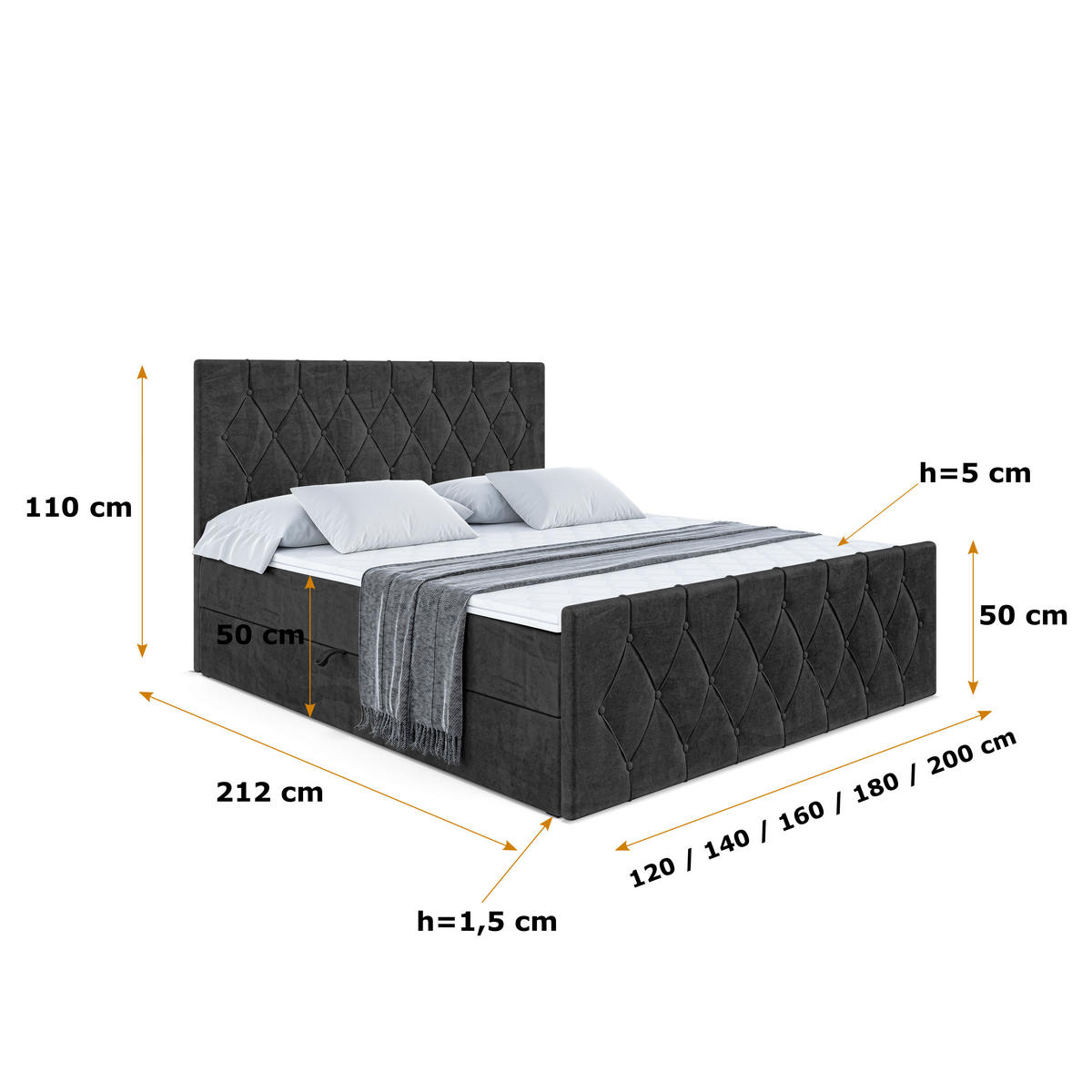 BOXBETT VELANTO-Z - 160 x 200 - H3 - Schwarz - Schwarz, Holzwerkstoff (160/200cm) - ALTDECOR