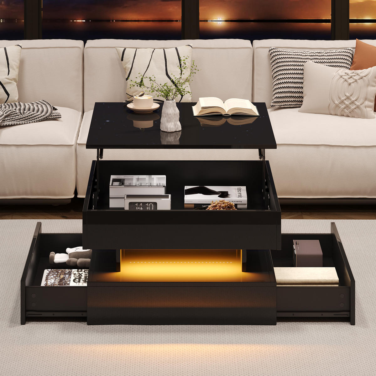 COUCHTISCH 65/65/38,5 cm hochglänzend mit LED-Beleuchtung und 2 Schubladen - Schwarz, Holzwerkstoff (65/65/38.5cm) - OKWISH