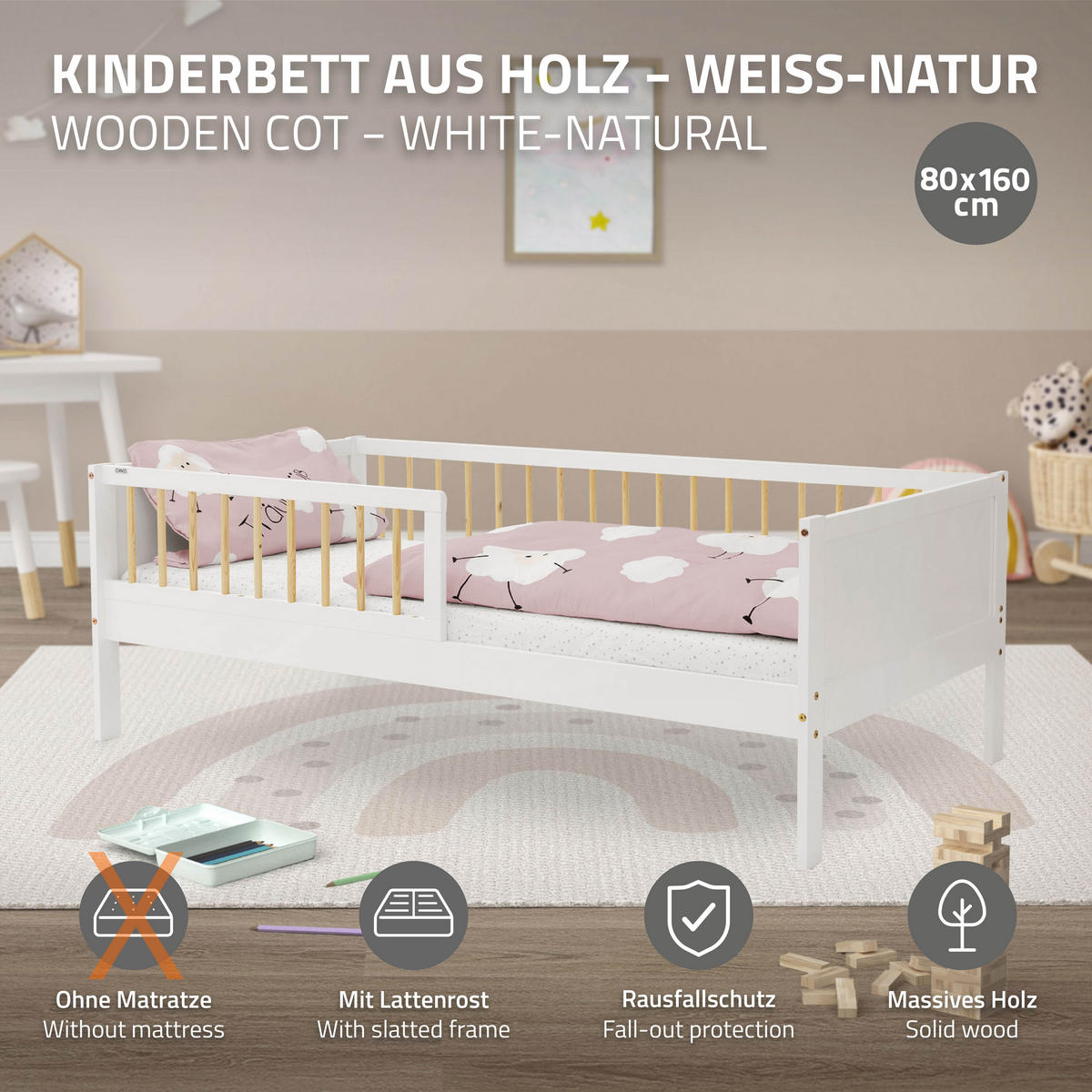 KINDERBETT 80x160 cm Weiß/Natur - Multicolor, Holzwerkstoff - ML-DESIGN