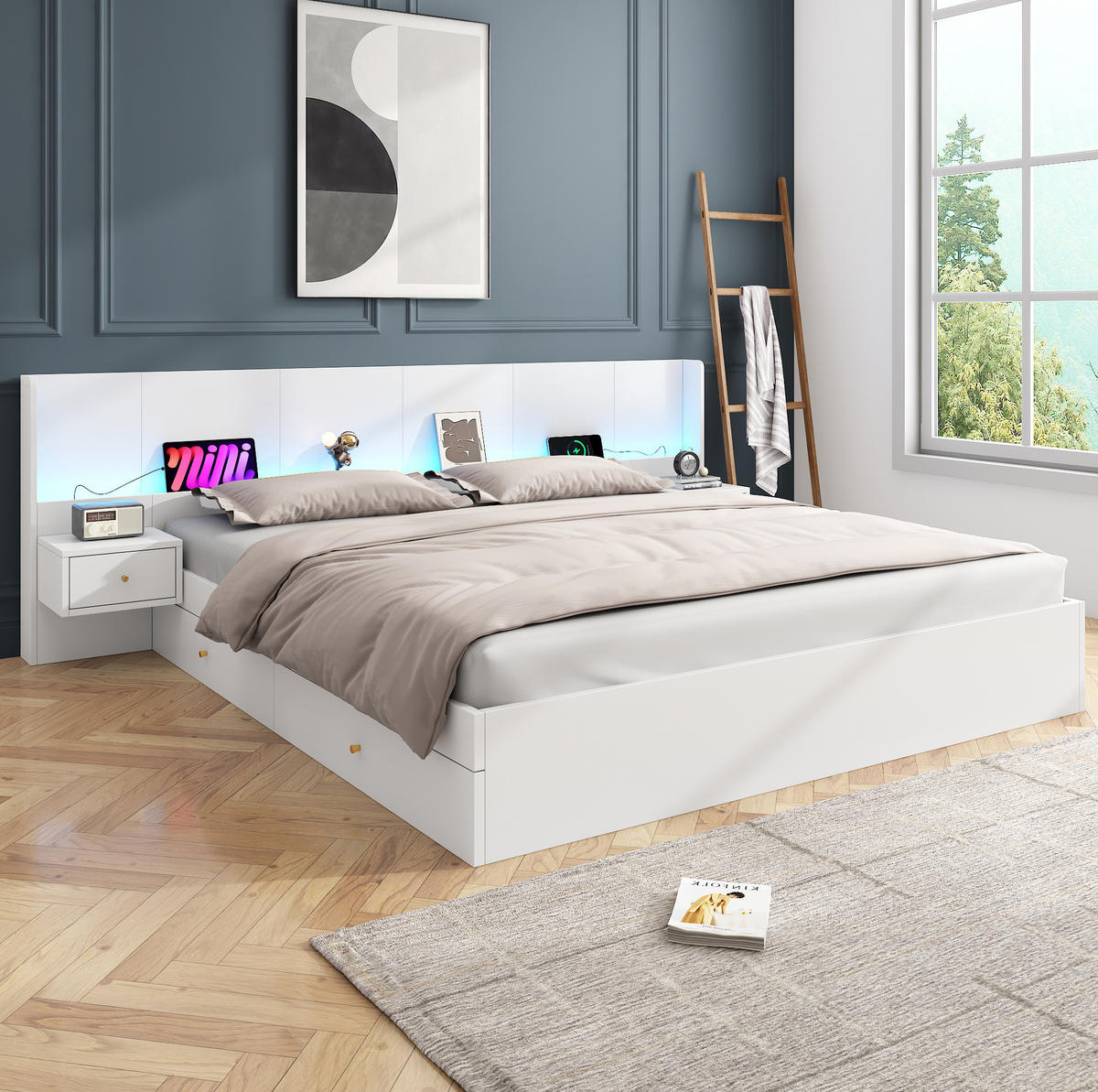 DOPPELBETT 180/200 cm Weiß mit LED-Beleuchtung und USB aus MDF mit Stauraum und Nachttischen - Weiß, Holzwerkstoff (180/200cm) - OKWISH