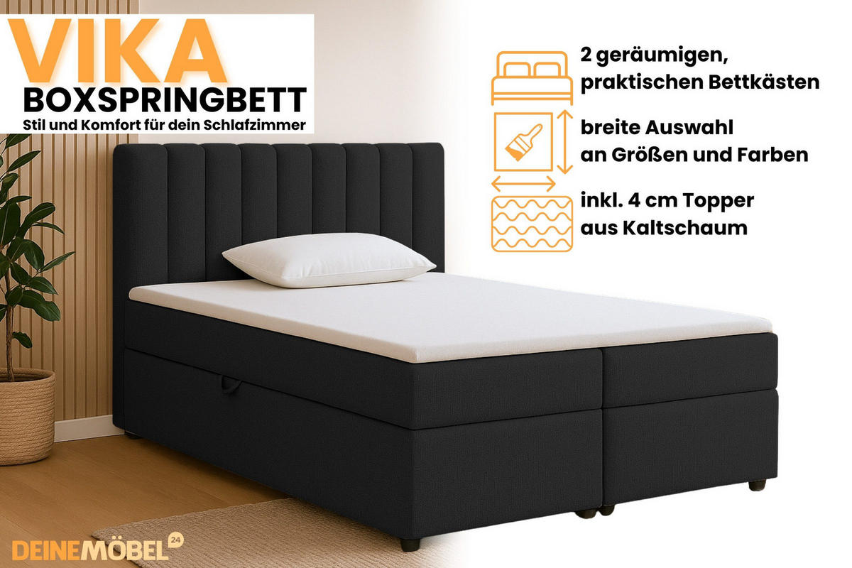 BOXBETT VIKA 120/200 in Stoff Schwarz H3 - Schwarz, Holz/Holzwerkstoff (120/200cm) - Deine Möbel 24