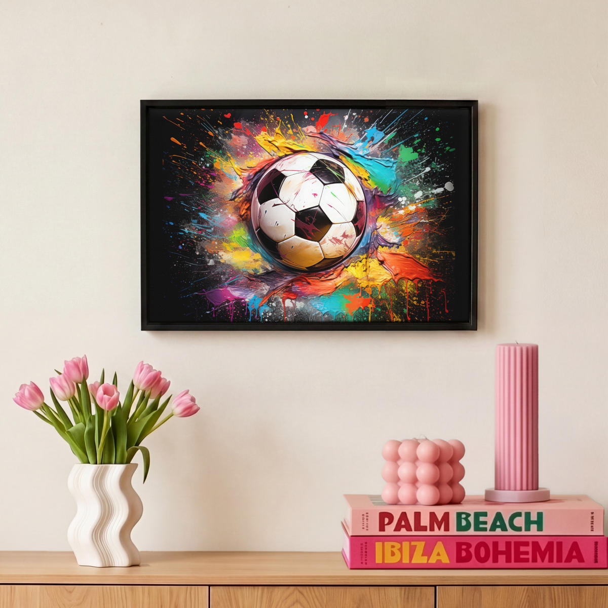 LEINWAND Bilder mit Rahmen - Fußball - Farbe - Farben - Schwarz - Weiß - 30x20 - Weiß, Textil (30/20cm) - MuchoWow