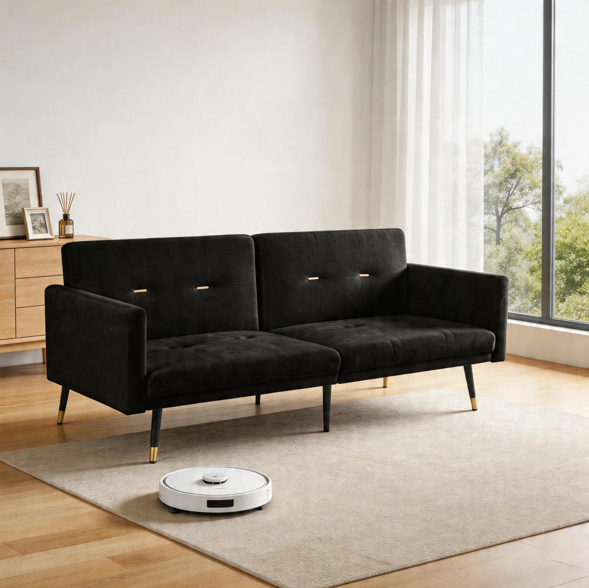 SCHLAFSOFA 2-Sitzer mit verstellbaren Rückenlehnen Samt Black - Schwarz, Holzwerkstoff (164/70/89cm) - Meubliv