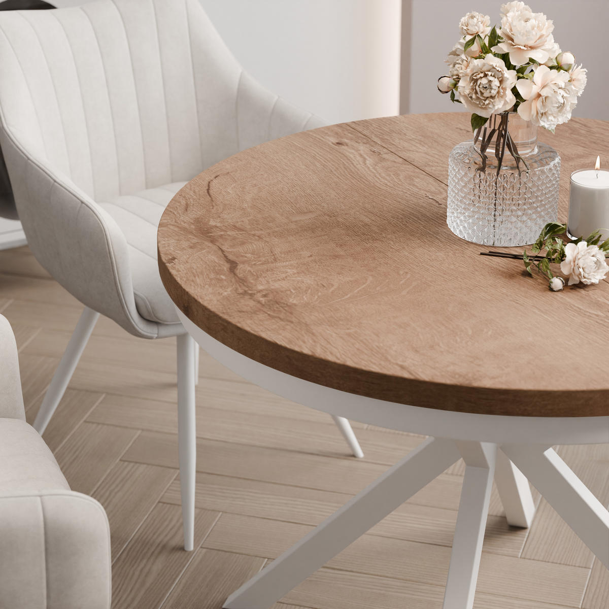 AUSZIEHTISCH MILTON 120-196/76 cm mit Metallgestell, Weiß / Lefkas-Eiche - Eichefarben/Weiß, Holzwerkstoff/Metall (120/120/76cm) - Idohome