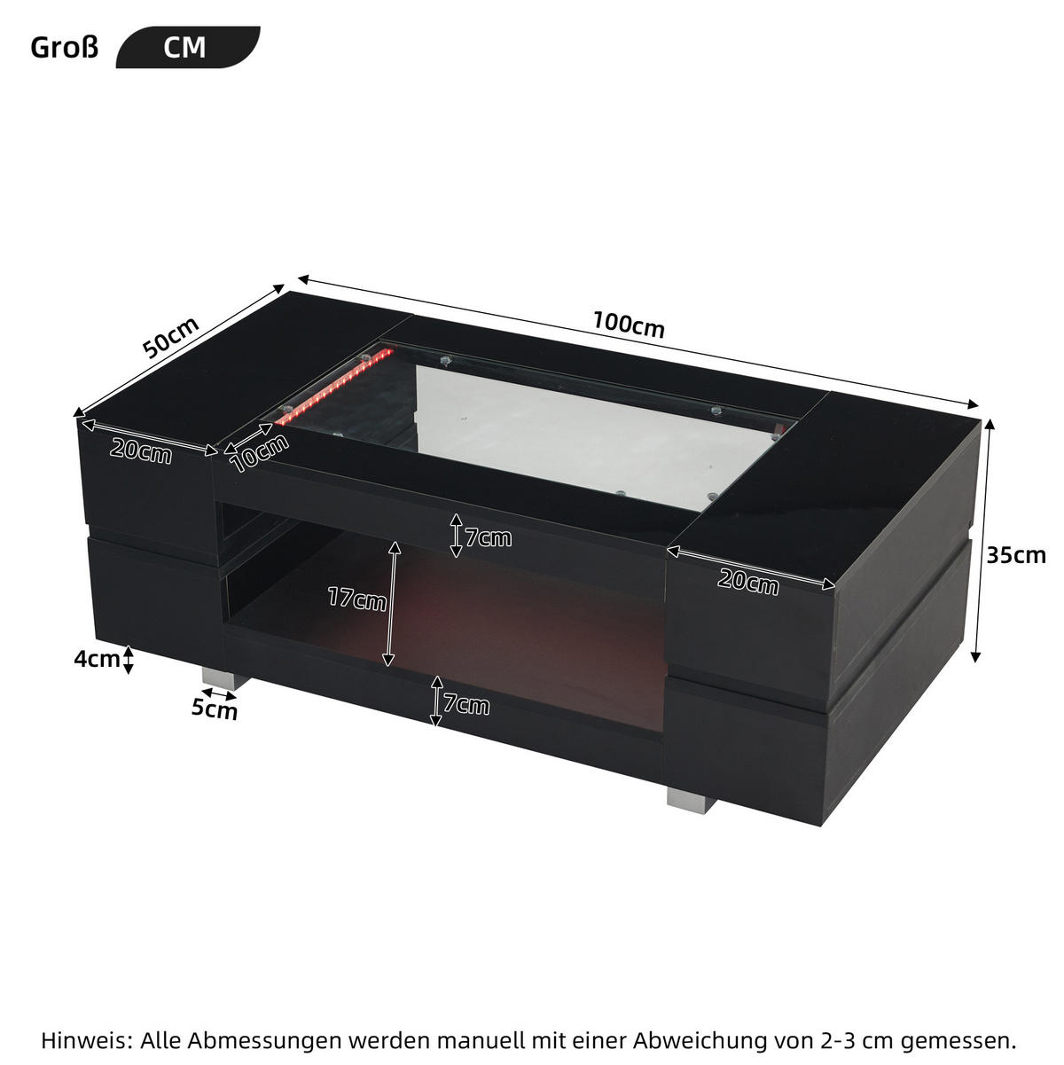 COUCHTISCH aus Spanplatte und gehärtetem Glas 100x50x35 cm in Schwarz mit LED - Schwarz, Holzwerkstoff (100/50/35cm) - Modfu