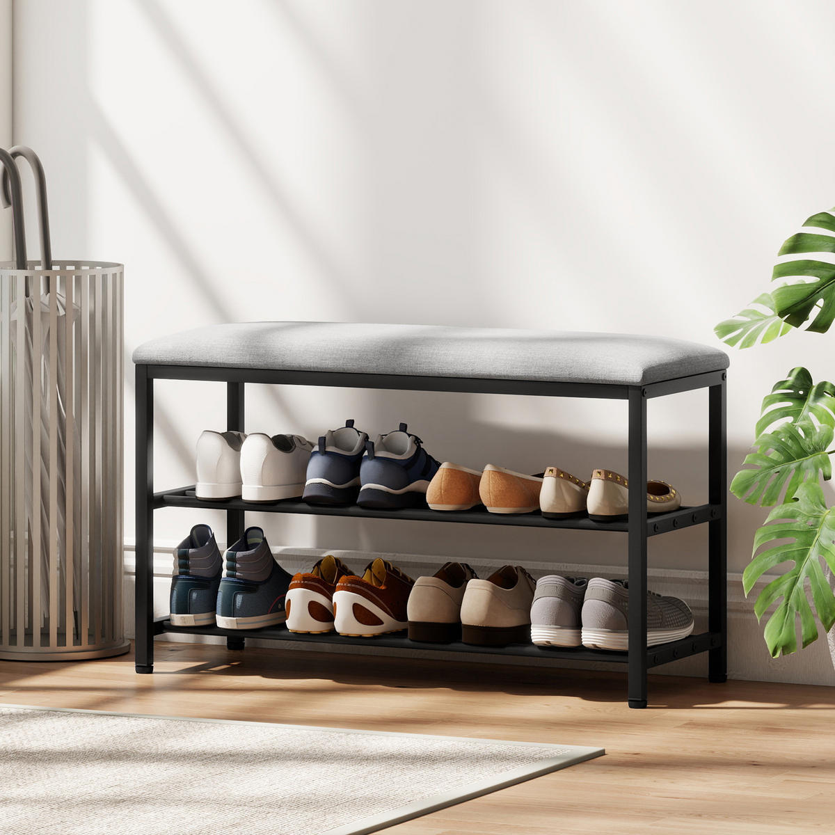 SCHUHBANK mit Sitzfläche, Sitzbank mit Stauraum, Schuhregal mit 2 offene Fächer - Dunkelgrau/Schwarz, Metall (31/50/81cm) - HOMCOM