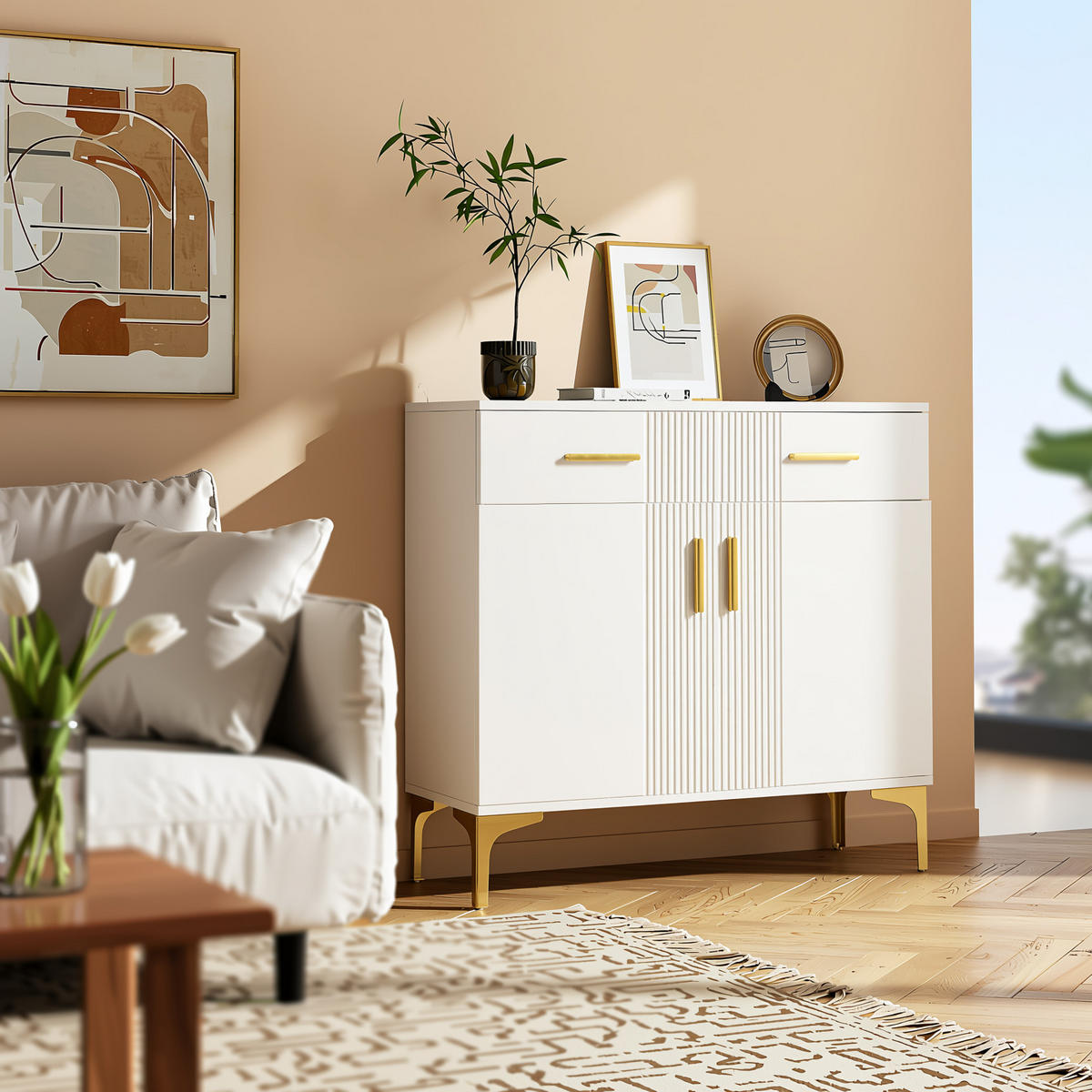 SIDEBOARD 80 cm Weiß mit 2 Türen, 2 Schubladen und Metallfüßen für Flur & Wohnzimmer - Weiß, Holzwerkstoff (80/79.5/35cm) - Urban Meuble