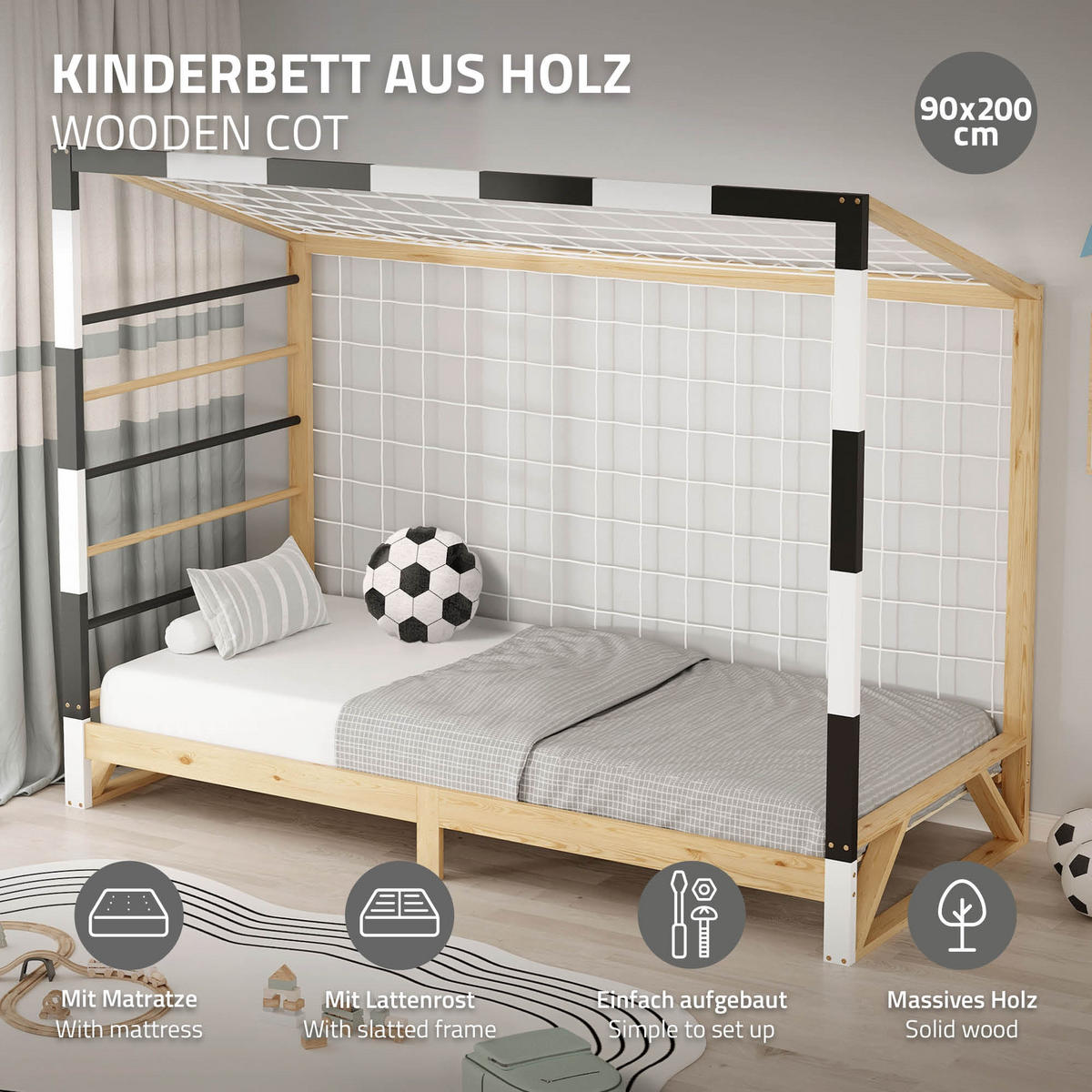 KINDERBETT Fußballtor mit Matratze 90 x 200 cm Schwarz-Weiß Kiefernholz - Naturfarben, Holz (90/200cm) - ML-DESIGN