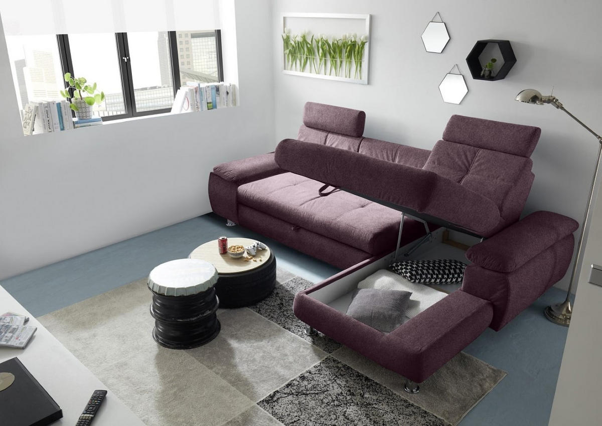 ECKSOFA mit Schlaffunktion und Bettkasten, Brego-Stoff - Chromfarben/Rot, Textil/Metall (177/274cm) - ed exciting design