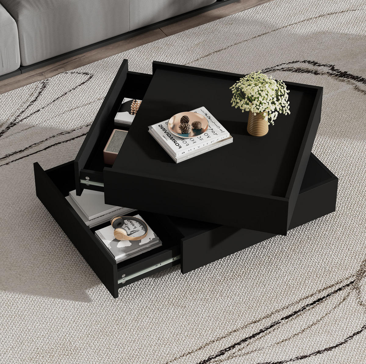 COUCHTISCH drehbar 60 x 60 cm Schwarz mit 2 Schubladen - Schwarz, Holzwerkstoff (60/60/38cm) - Meubliv