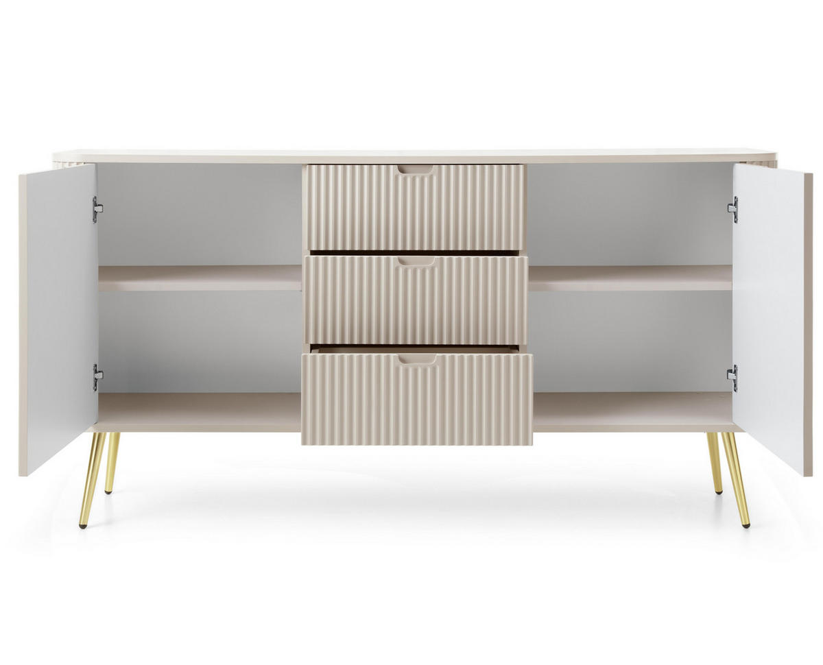 SIDEBOARD Salvia 2T 3S Beige, Gold 168/87/39 cm – mit geriffelten Fronten und hohen Beinen - Beige/Goldfarben, Holzwerkstoff/Metall (168/87/39cm) - AX Living