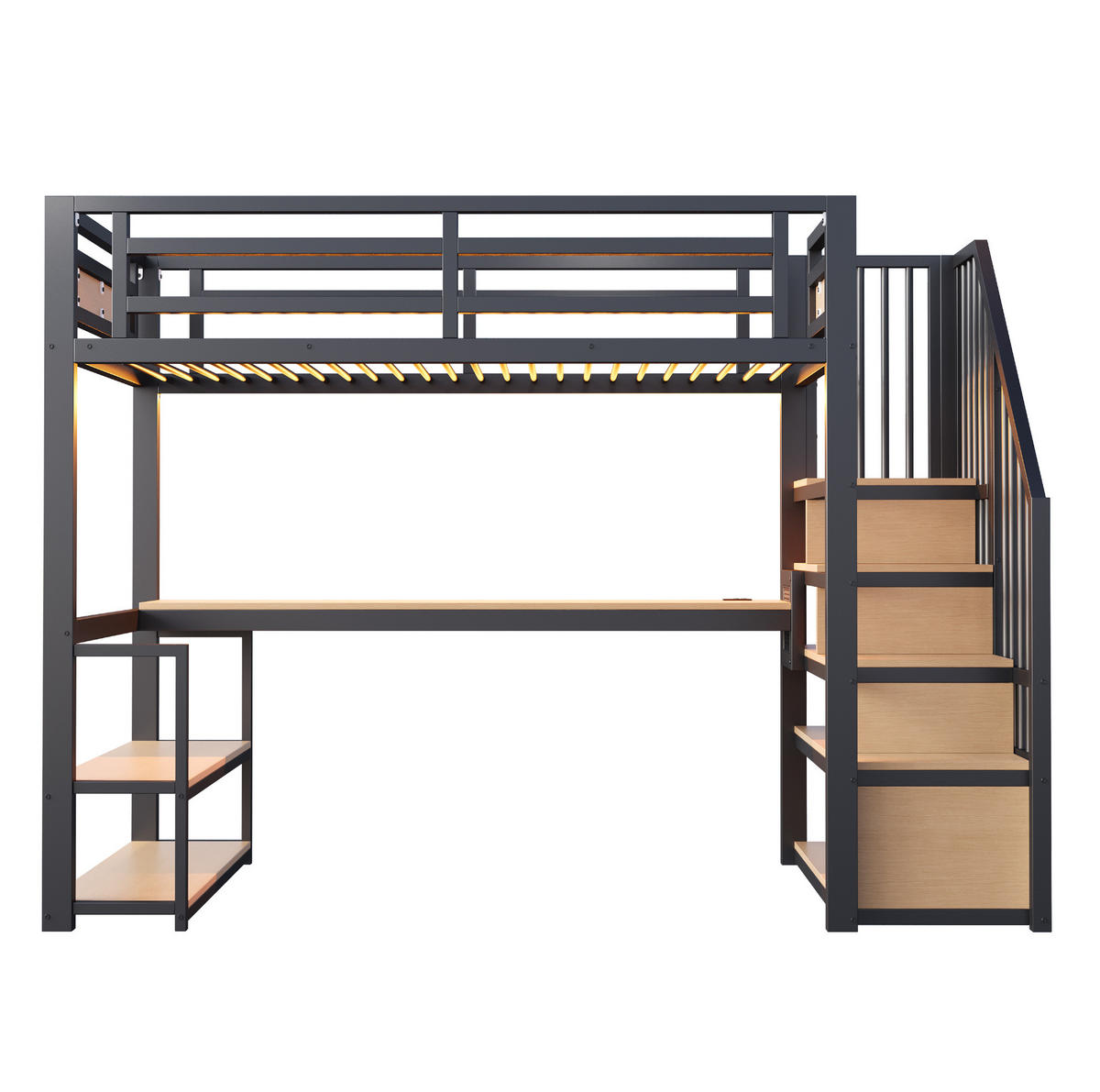 HOCHBETT 90/200 cm aus Metall mit LED-Lichtleiste, Steckdose, Tisch, Regalen und Aufbewahrungsleiter, Schwarz - Schwarz, Metall (90/200cm) - Redom