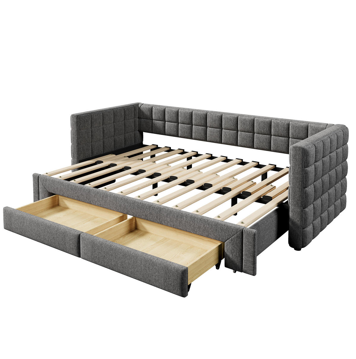 ROZKLADACIA posteľ 90/200 cm sivá zo zamatu a MDF s hranatým operadlom, výsuvným lôžkom a 2 zásuvkami - sivá, textil (90/200cm) - OKWISH