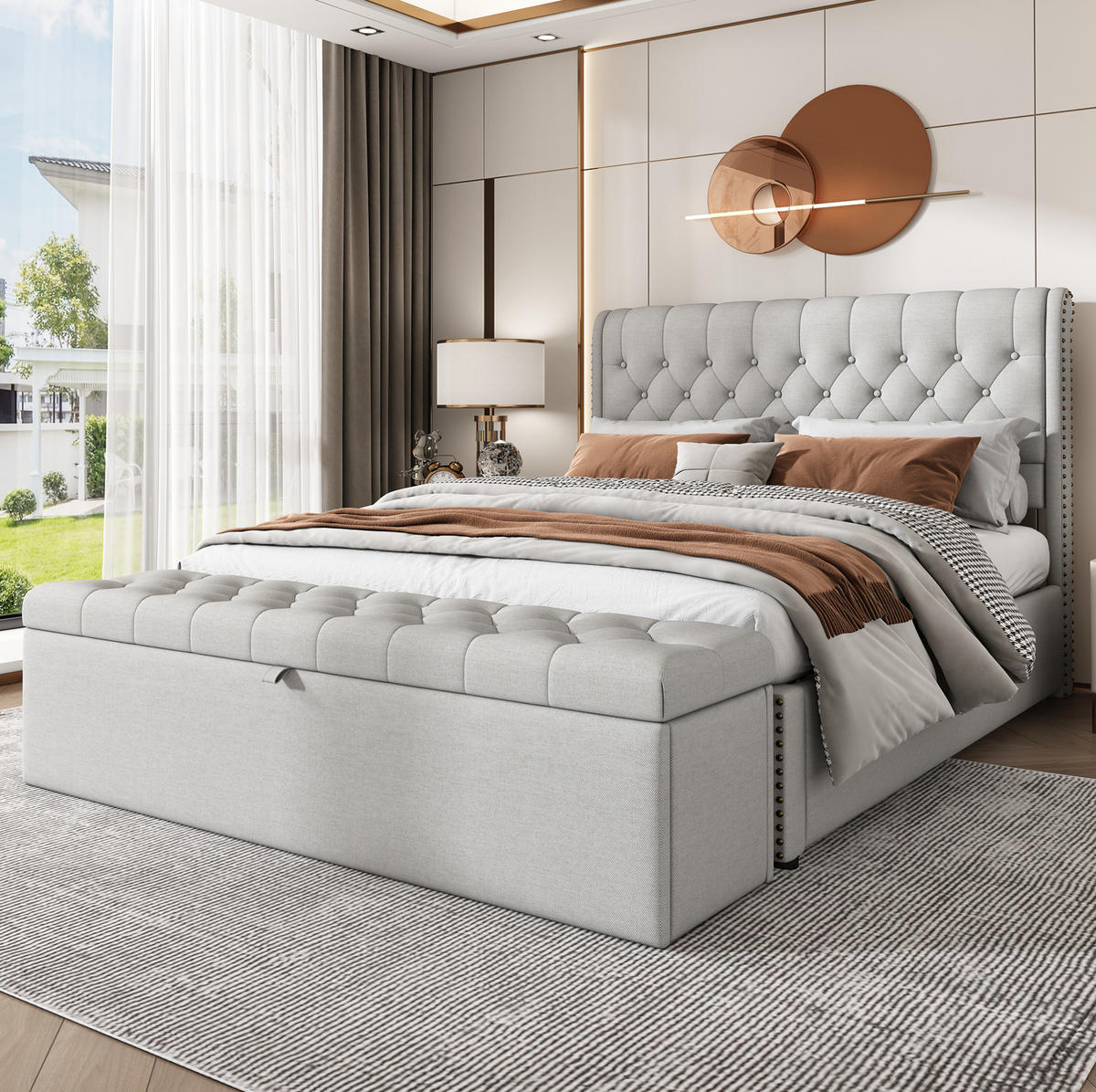 POLSTERBANK 141/41,5/47 cm mit Stauraum aus Leinen im eleganten Design, Hellgrau - Grau, Textil - Redom