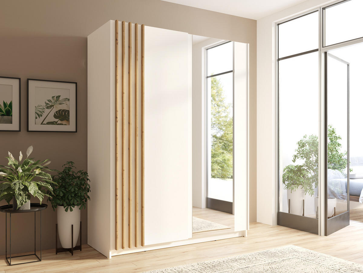 KLEIDERSCHRANK Beralto Weiß 200/198,5/63,5 cm – mit Spiegel und Lamellenfront - Weiß, Holzwerkstoff (200/198.5/63.5cm) - AX Living