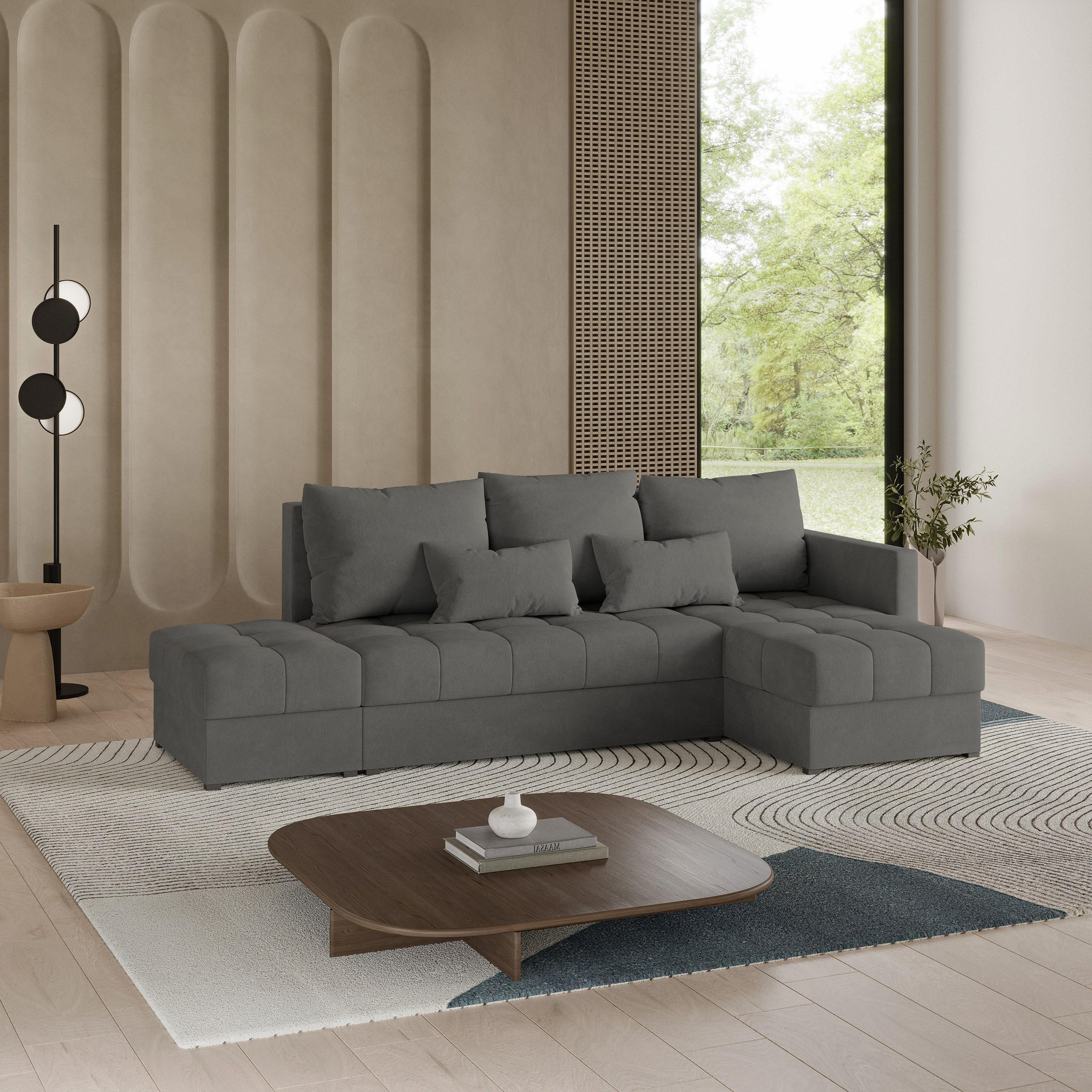 ECKSOFA LUMARI R-S Grau Plüsch-Stoff mit Schlaffunktion - Grau, Holz (262/143cm) - MASSENO