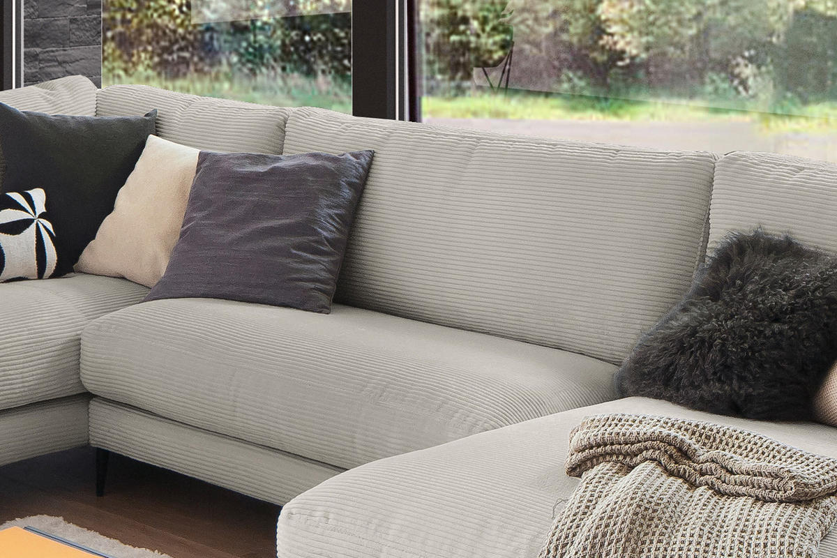 WOHNLANDSCHAFT CARA Steingrau Cord - Greige/Schwarz, Textil (341/84/223cm) - KAWOLA