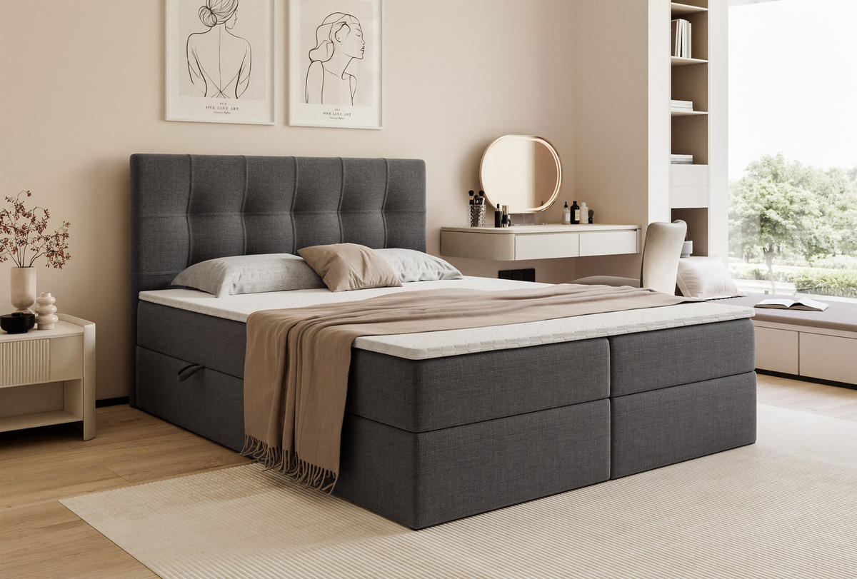 BOXBETT VENUS 200/200 cm, mit Matratze und Topper, Anthrazit - Anthrazit, Holzwerkstoff/Textil (200/200cm) - Idohome