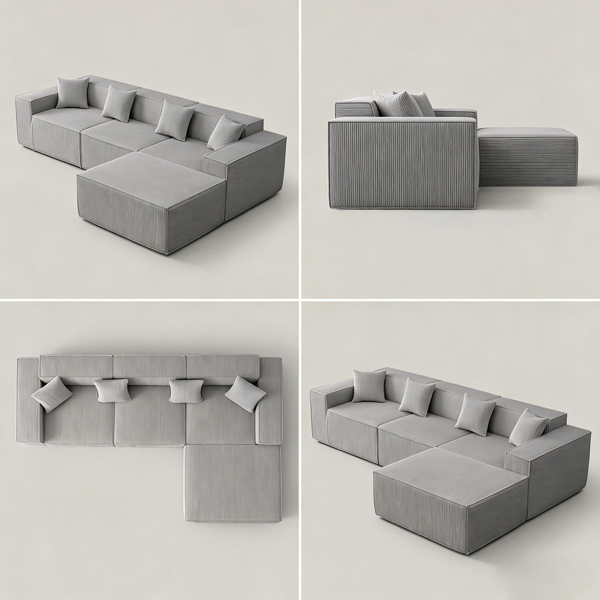 ECKSOFA 3-Sitzer Cord Grau modular - Grau, Textil (277/165.5cm) - WISHDOR