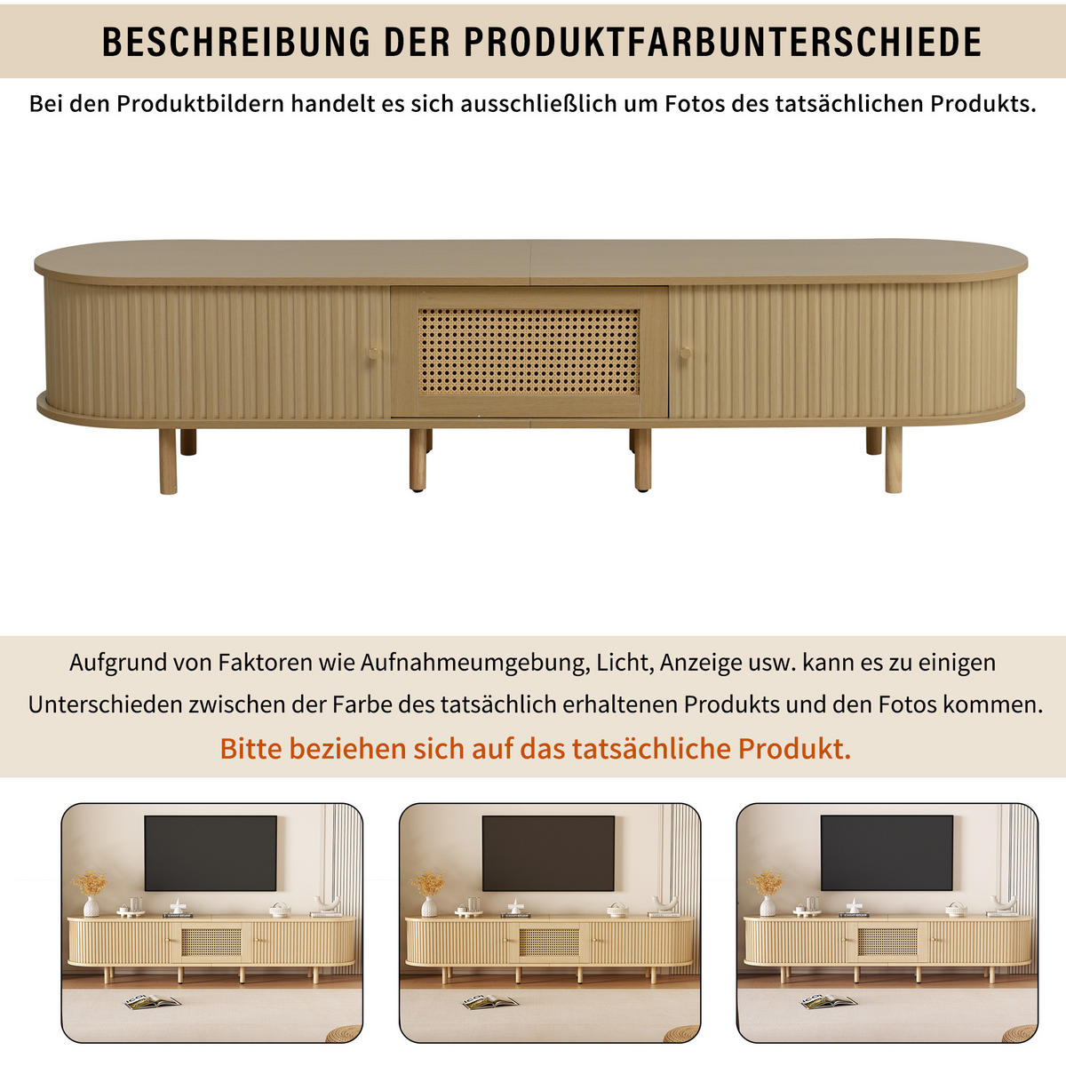 LOWBOARD Holzoptik Rattan Oval mit Schiebetür & Schublade für 75 Zoll TV - Naturfarben, Holzwerkstoff (180/40/40cm) - Urban Meuble