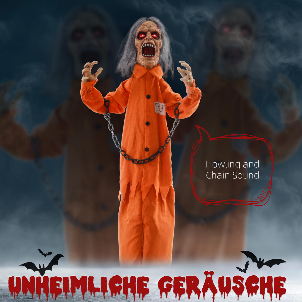 HALLOWEEN DECORATIONS 85cm Dekoration Gefangener , Soundfunktion, Orange - Orange, Kunststoff/Metall (50/85/15cm) - HOMCOM