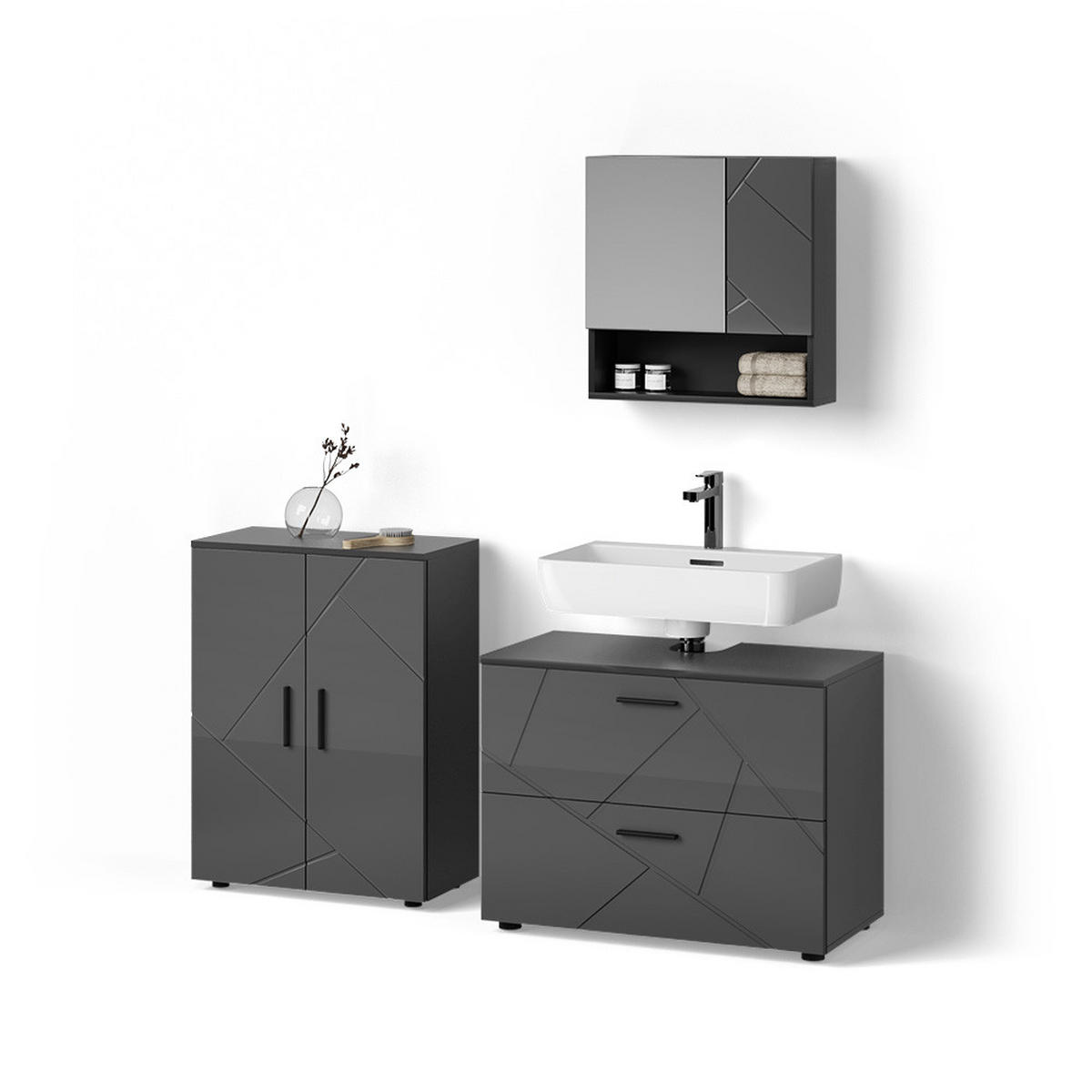 BADMÖBEL-SET Ronco Anthrazit Hochglanz 3 Teile, mit Unterschrank 80 cm - Schwarz Hochglanz/Anthrazit, Holzwerkstoff (80/58/41cm) - Livinity®