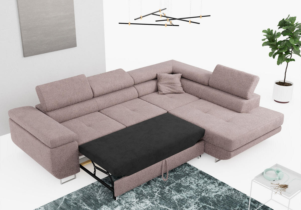 ROHOVÁ SEDAČKA GUSTAW L - Světle růžová Bouclé - Levá Strana - stříbrná/světle růžová, kov/textil (275/205cm) - MKS