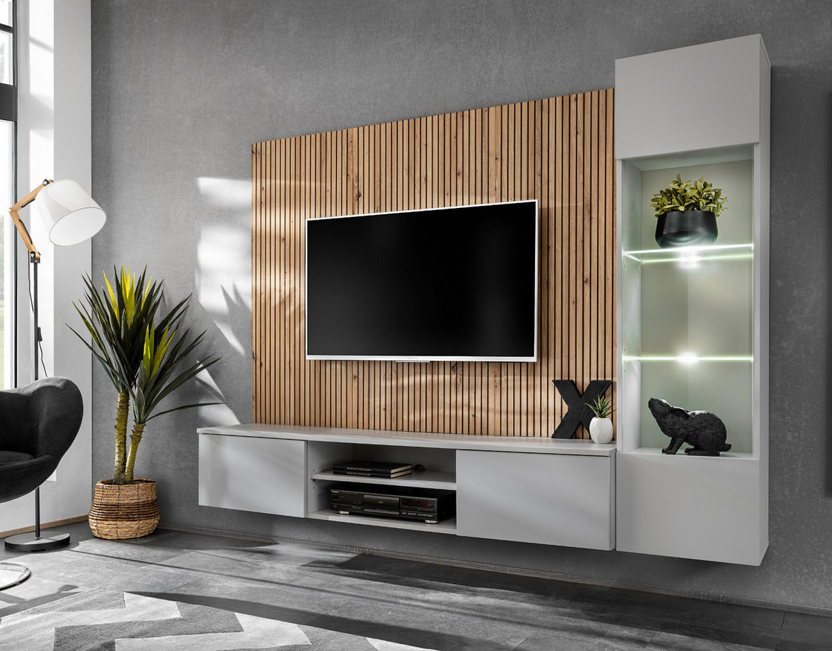 WOHNWAND hellgrau, Eiche Artisan 200 cm, Schrankwand inklusive Beleuchtung und Push-to-Open - Hellgrau/Eiche Artisan, Glas/Holzwerkstoff (200/148/35cm) - Inn.Furn