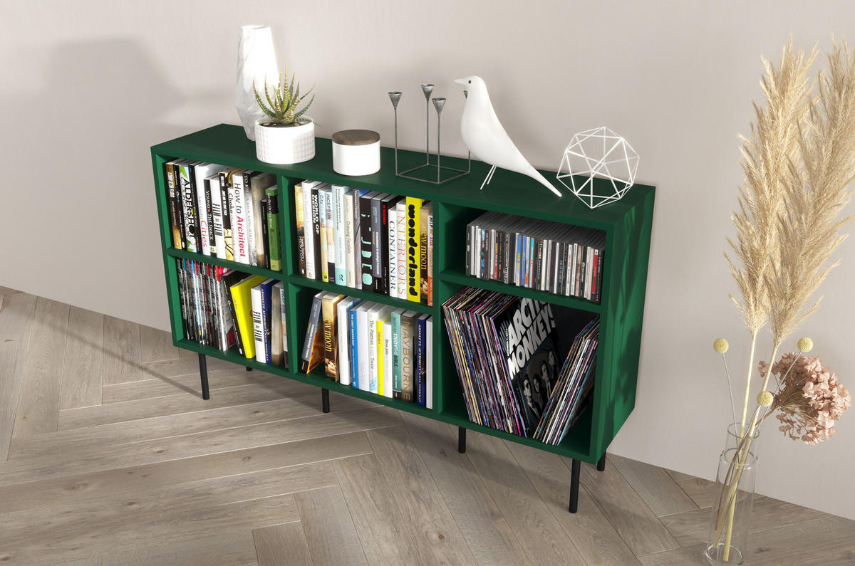 SIDEBOARD Mirka, Grün, offene Fächer, Minimalistisch - Dunkelgrün/Schwarz, Holzwerkstoff/Metall (130/80/30cm) - Dancan