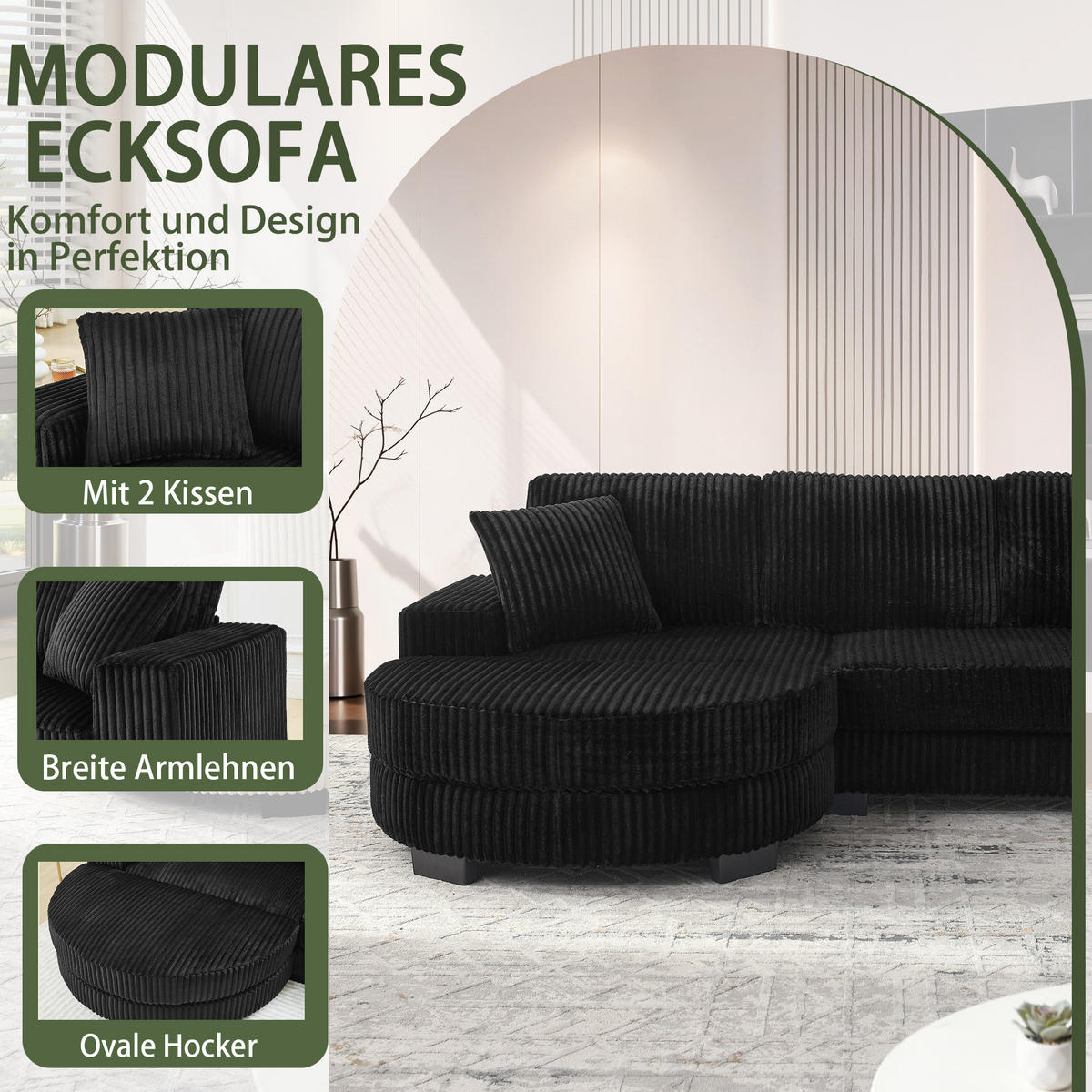 ECKSOFA 256.5/133.5/89 cm Schwarz Cord mit 2 Kissen und ovaler Fußhocker - Schwarz, Textil (133.5/89/256.5cm) - Oxeza