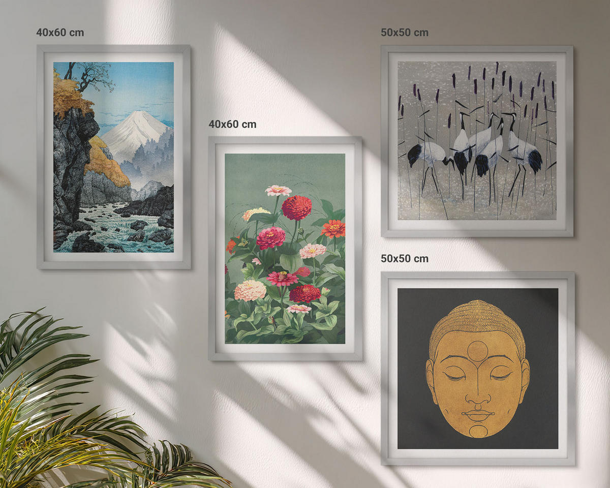 BILDER SET 4er Set - 50x50 cm & 40x60 cm Silberner Rahmen - Japanische Natur und Japandi-Stil - Silberfarben, Kunststoff (50/50cm) - TULUP