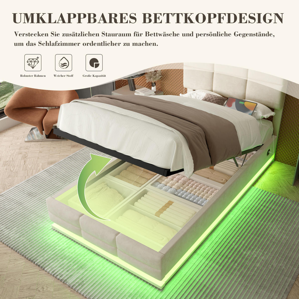 BETT mit Stauraum 90x200 cm Samt Beige - Beige, Metall (90/200cm) - Meubliv