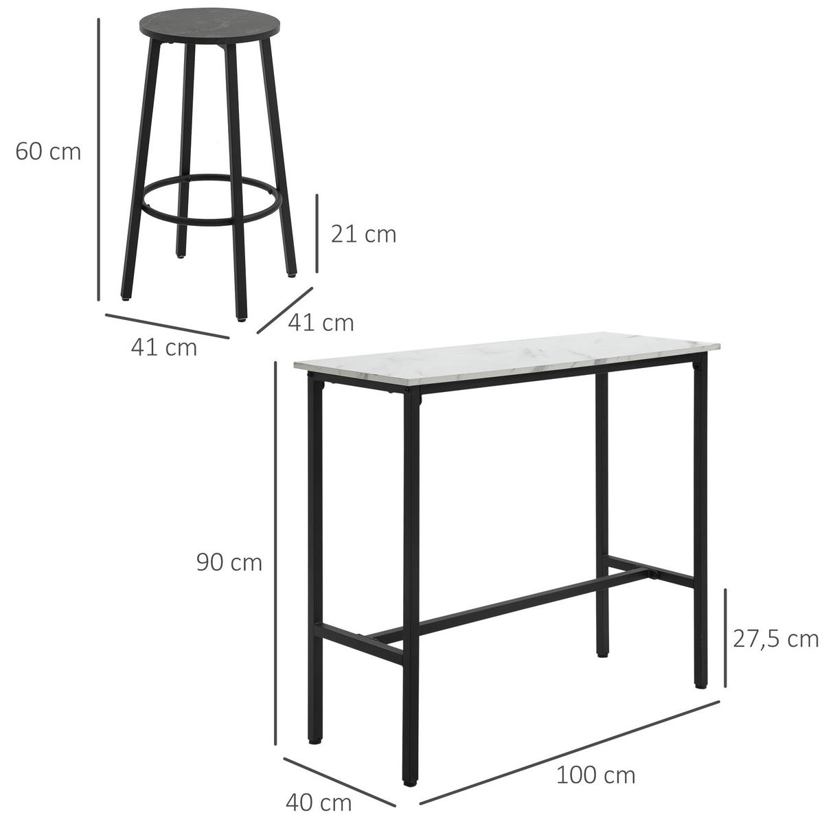 BARTISCH-SET, Stahl, Weiß+Schwarz - Weiß, Metall (40/90/100cm) - HOMCOM