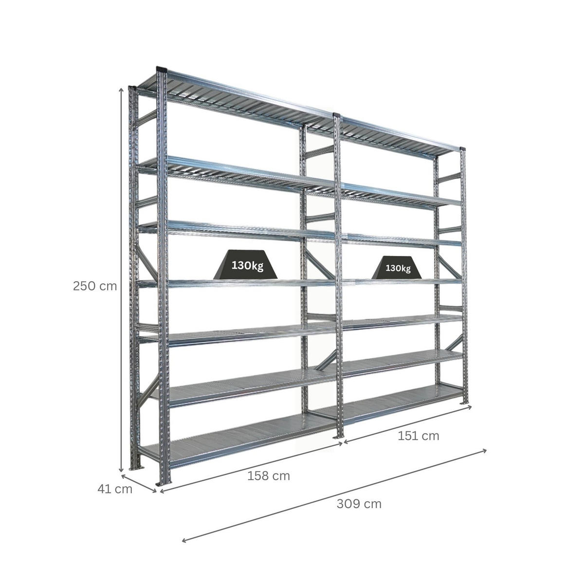 FACHBODENREGAL Proximo Stecksystem 250x300x40cm 7 Ebenen Beidseitig nutzbar Verzinkt - Silberfarben, Metall (300/250/40cm) - PROREGAL