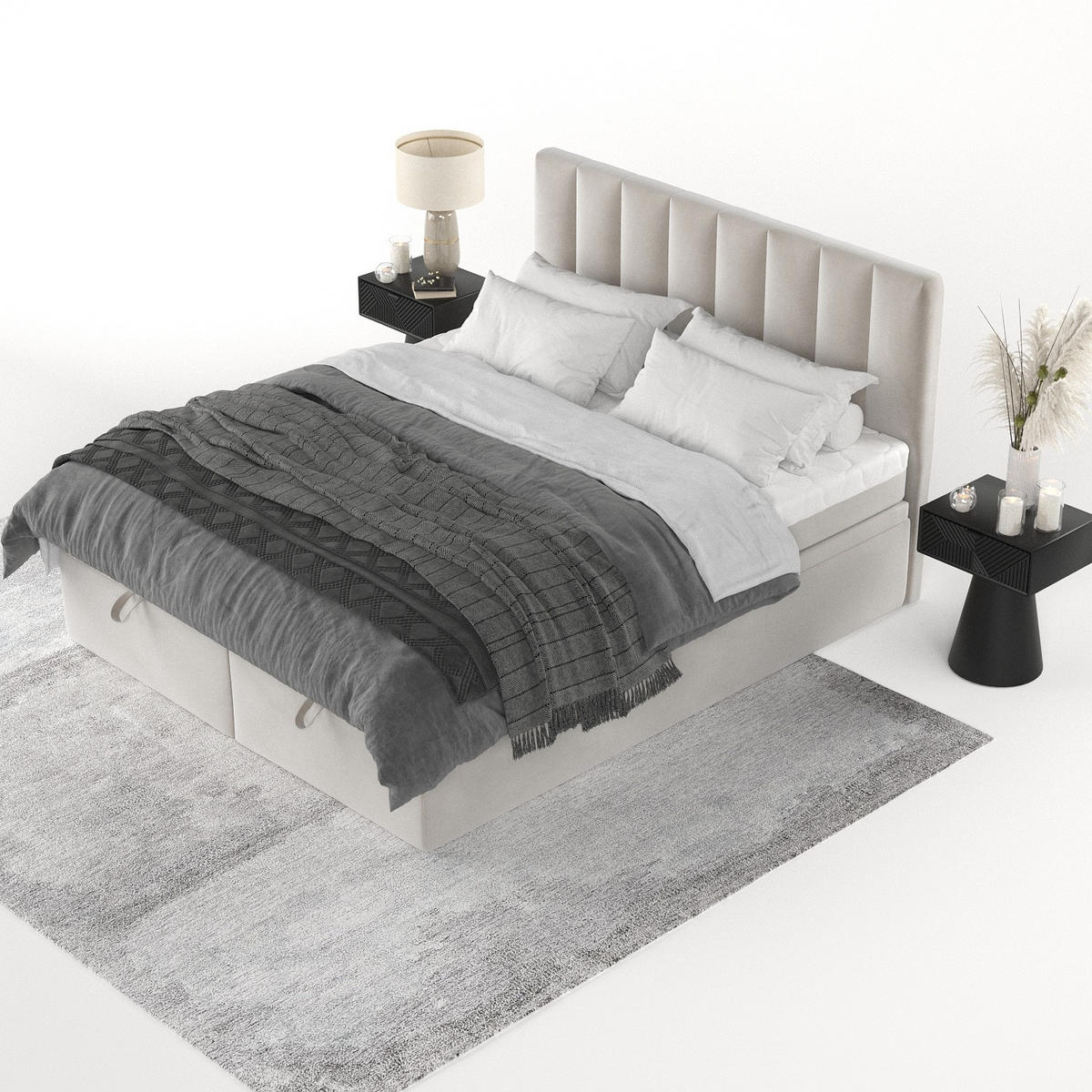 BOXBETT Lume 180/200 cm Hellbeige im Paros Stoff - Beige/Schwarz, Holz/Holzwerkstoff (180/200cm) - AltaBeds