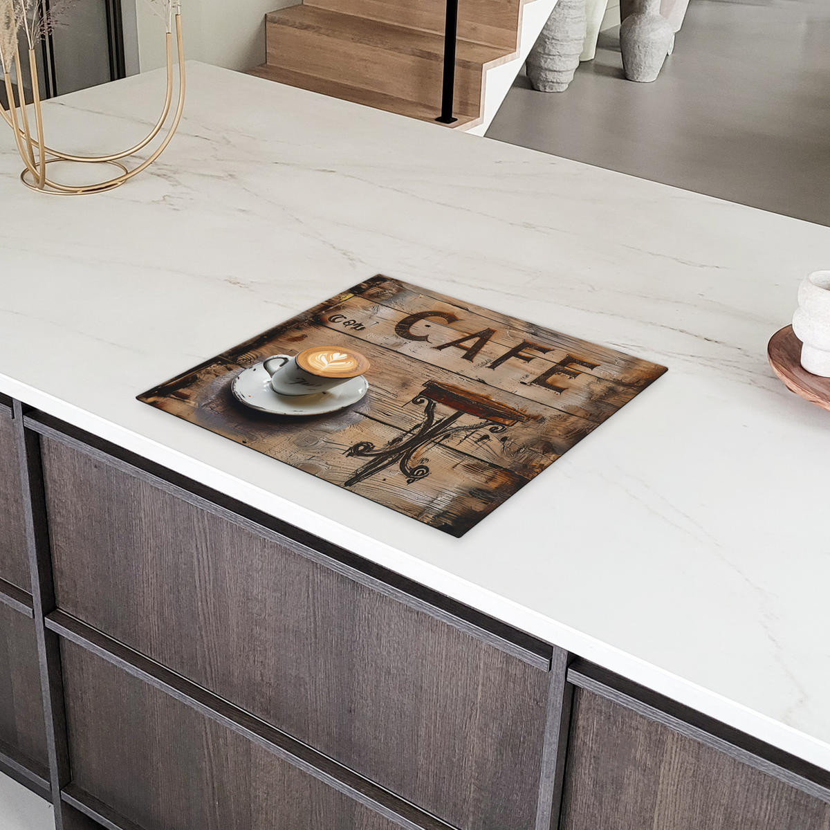 HERDABDECKPLATTE Cafe - Holz - Kaffee - Regale Ceranfeldabdeckung 59x52 cm - Schwarz, Kunststoff (59/52/0.2cm) - MuchoWow