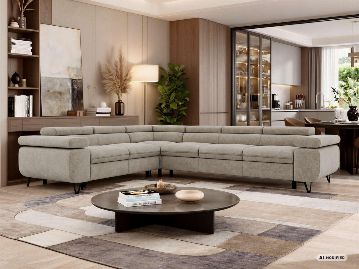 ECKSOFA NORDEN L - Greige Stukture - Rechts Seite - Greige/Schwarz, Textil/Metall (329/269cm) - MKS