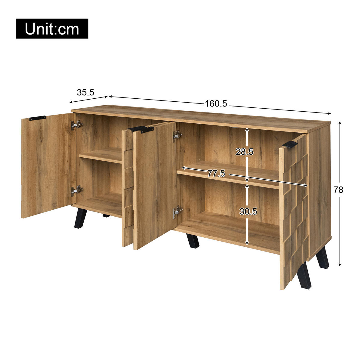 SIDEBOARD in Eiche Optik Stil mit 3 Türen, 160.5/35.5/78cm - Braun, Holzwerkstoff (35.5/78/160.5cm) - Urban Meuble