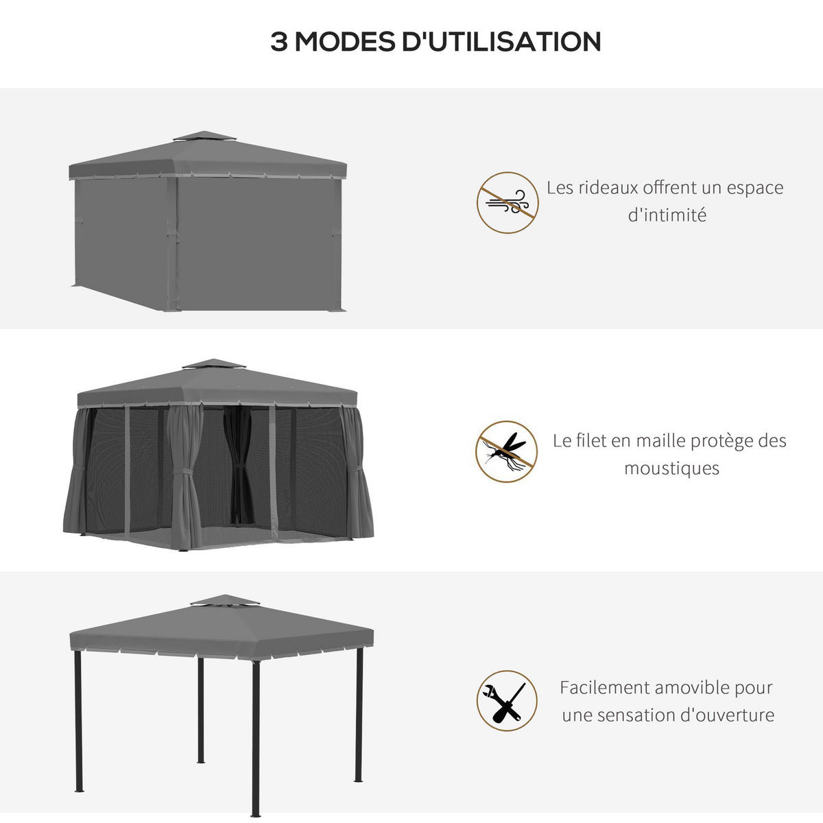 PAVILLON DE-12697 300/300 cm Doppeldach mit 4 Vorhängen und 4 Moskitonetzen Dunkelgrau - Dunkelgrau, Metall (296/265/296cm) - ComfortXL